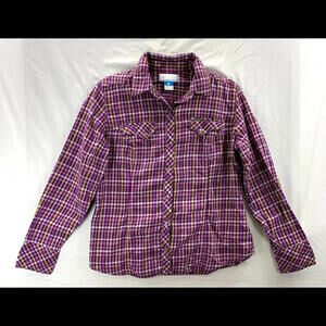 Columbia Women L Purple Plaid Flannel Western Pearl Snap Long Sleeve Collar
